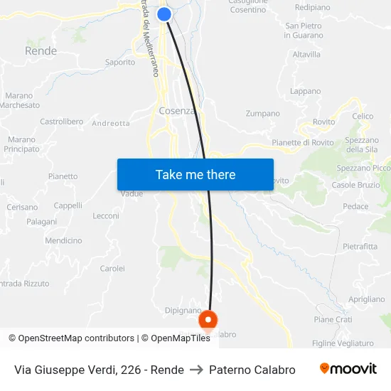 Via Giuseppe Verdi, 226 - Rende to Paterno Calabro map