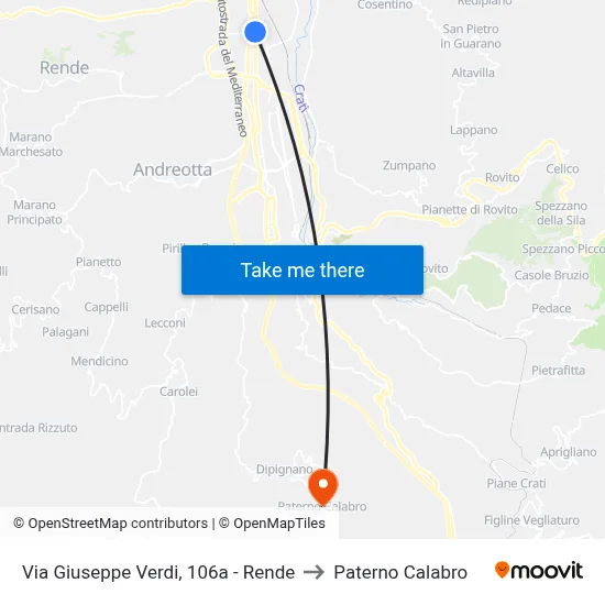 Via Giuseppe Verdi, 106a - Rende to Paterno Calabro map