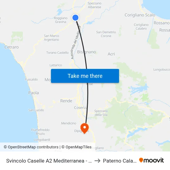 Svincolo Caselle A2 Mediterranea - Tarsia to Paterno Calabro map