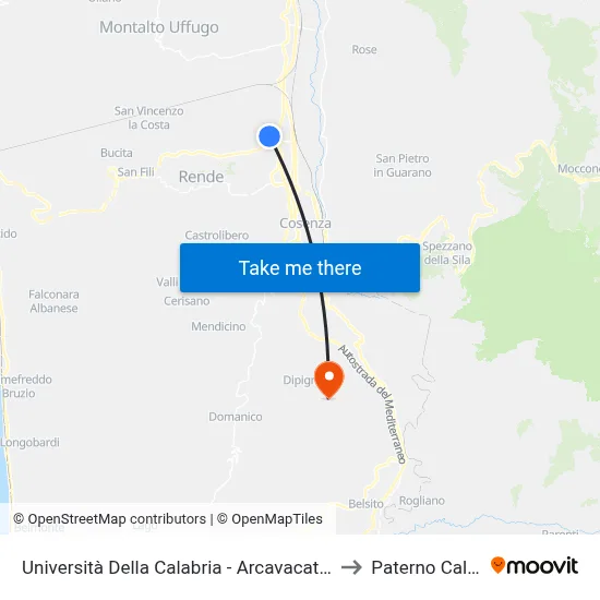 University of Calabria - Arcavacata - Rende to Paterno Calabro map