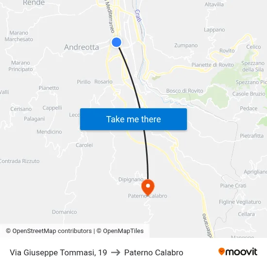 Via Giuseppe Tommasi, 19 to Paterno Calabro map
