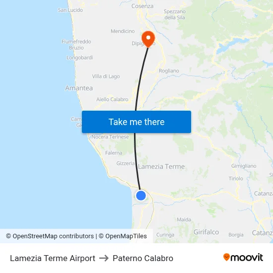Lamezia Terme Airport to Paterno Calabro map