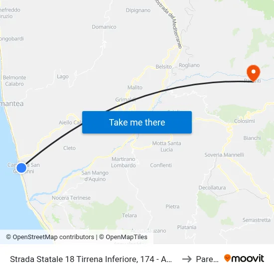 State Road 18 Tyrrhenian Coast, 174 - Amantea to Parenti map