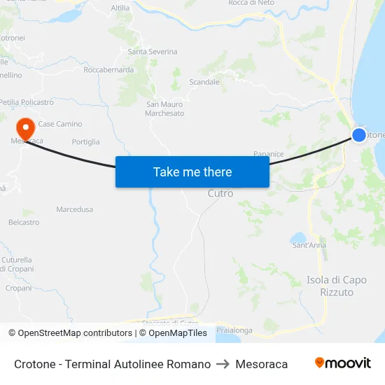 Crotone - Romano Bus Terminal to Mesoraca map