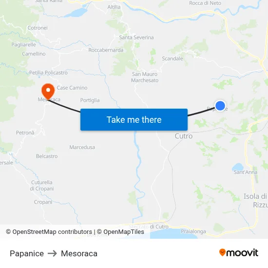 Papanice to Mesoraca map