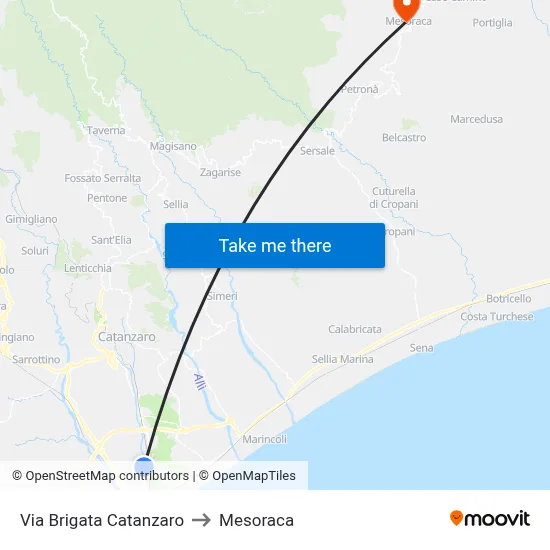 Catanzaro Brigade Street to Mesoraca map