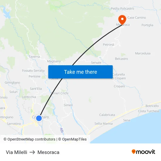 Via Milelli to Mesoraca map