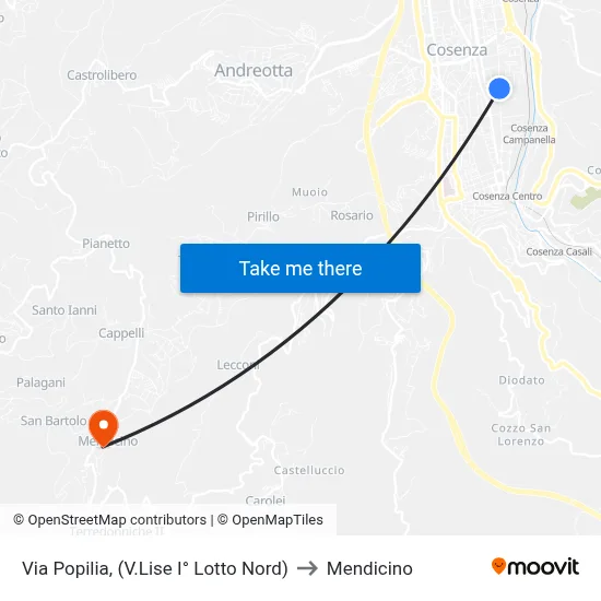 Via Popilia (North V.Lise Block 1) to Mendicino map