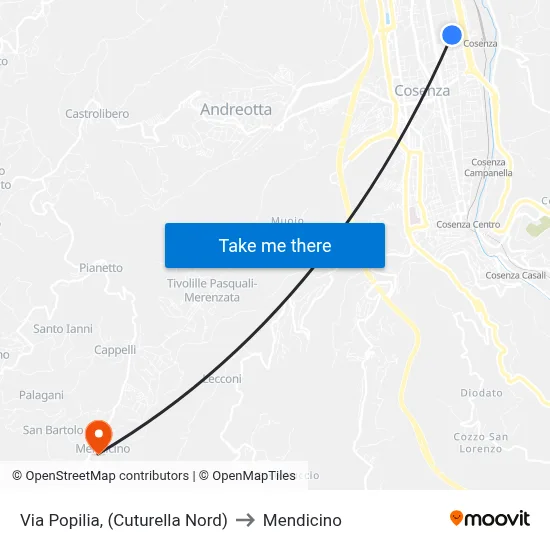 Via Popilia, (North Cuturella) to Mendicino map