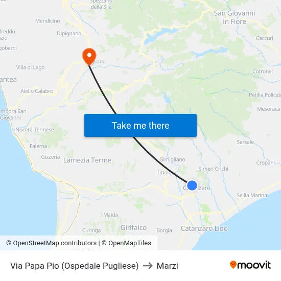 Via Papa Pio (Pugliese Hospital) to Marzi map