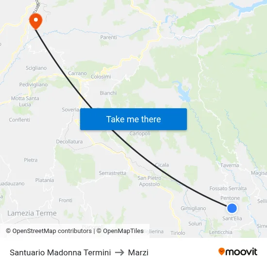 Madonna Termini Sanctuary to Marzi map