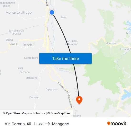 Via Coretta, 40 - Luzzi to Mangone map