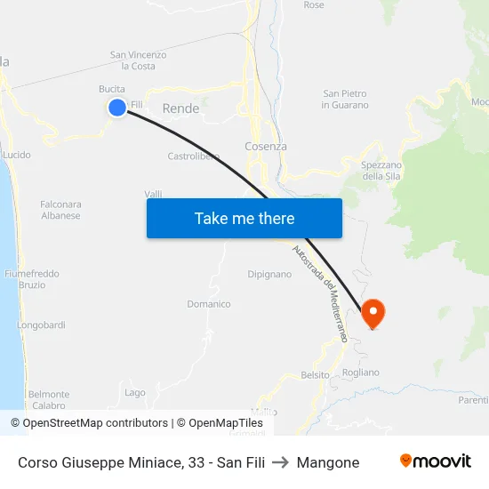Corso Giuseppe Miniace, 33 - San Fili to Mangone map