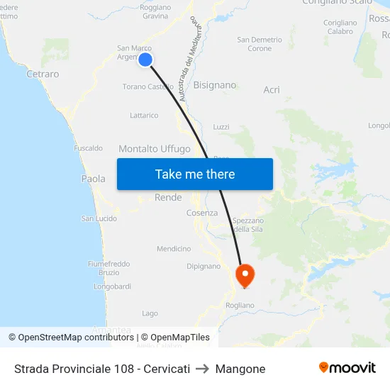 Provincial Road 108 - Cervicati to Mangone map