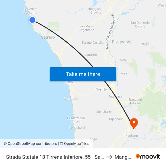 State Road 18 Tirrena Inferiore, 55 - Sangineto to Mangone map