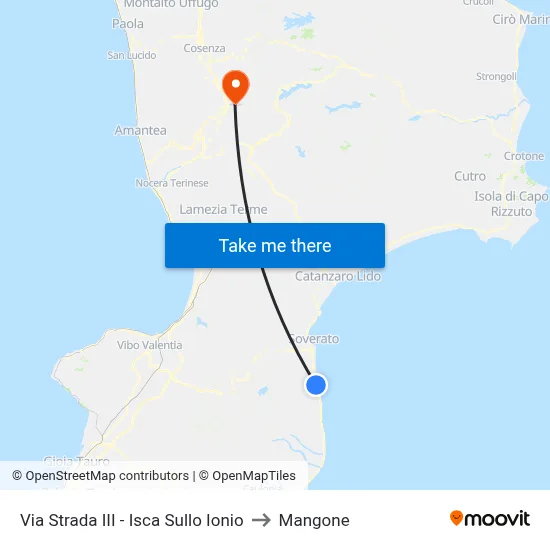 Via Strada III - Isca Sullo Ionio to Mangone map