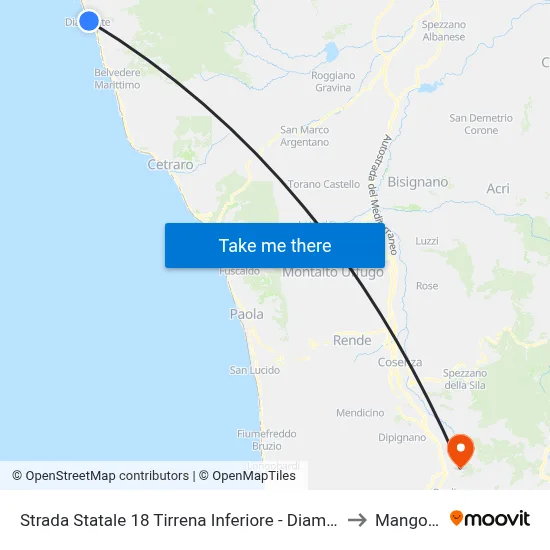State Road 18 Tyrrhenian Coast - Diamante to Mangone map