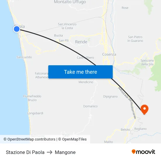 Paola Station to Mangone map