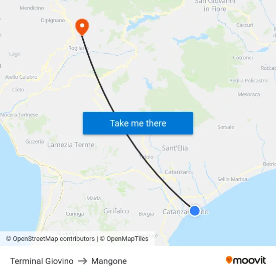 Terminal Giovino to Mangone map