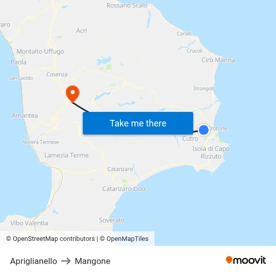 Apriglianello to Mangone map