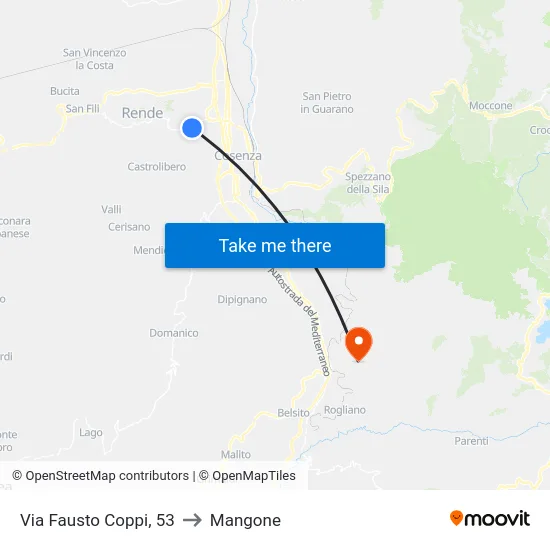 Via Fausto Coppi, 53 to Mangone map