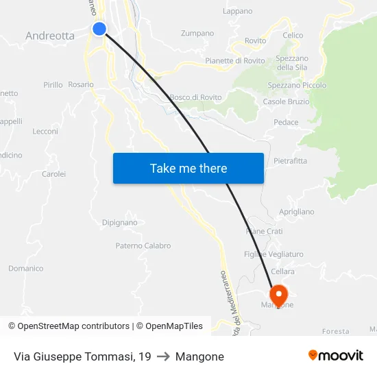 Via Giuseppe Tommasi, 19 to Mangone map