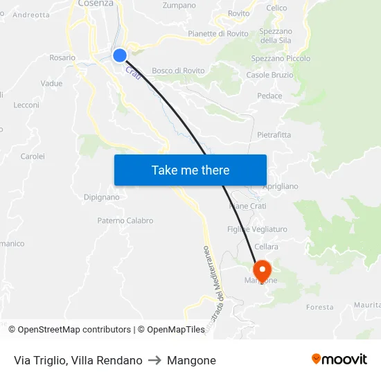 Via Triglio, Villa Rendano to Mangone map