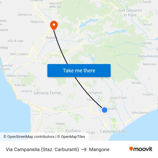 Via Campanella (Fuel Station) to Mangone map
