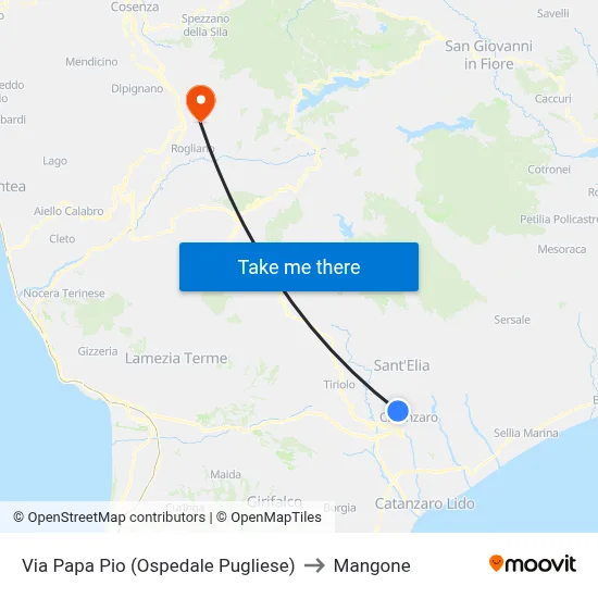 Via Papa Pio (Ospedale Pugliese) to Mangone map