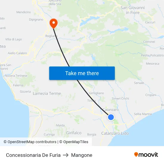 De Furia Dealership to Mangone map