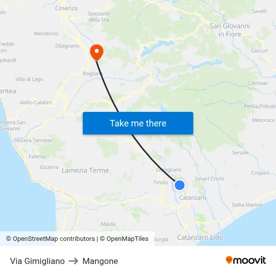 Via Gimigliano to Mangone map