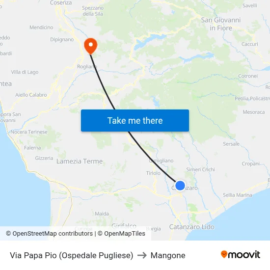 Via Papa Pio (Pugliese Hospital) to Mangone map