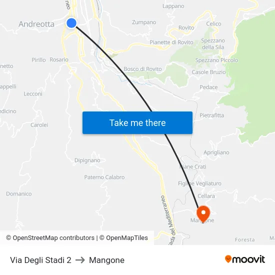 Via Degli Stadi 2 to Mangone map