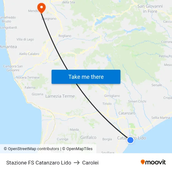Catanzaro Lido Railway Station to Carolei map