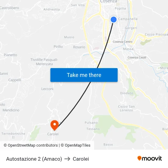 Bus Station 2 (Amaco) to Carolei map