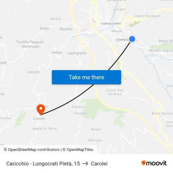 Caricchio - Lungocrati Pietà, 15 to Carolei map