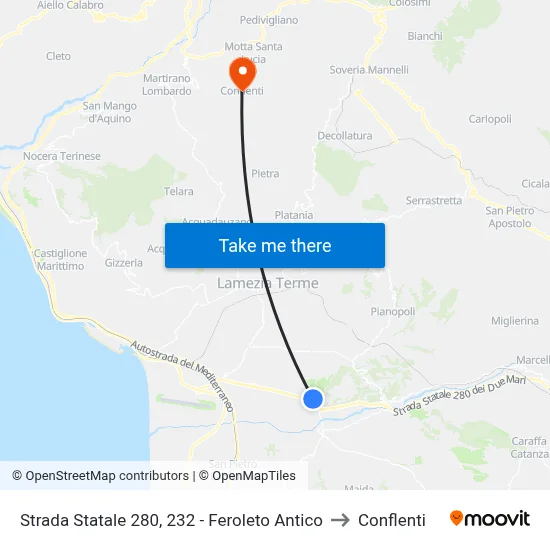 Strada Statale 280, 232 - Feroleto Antico to Conflenti map