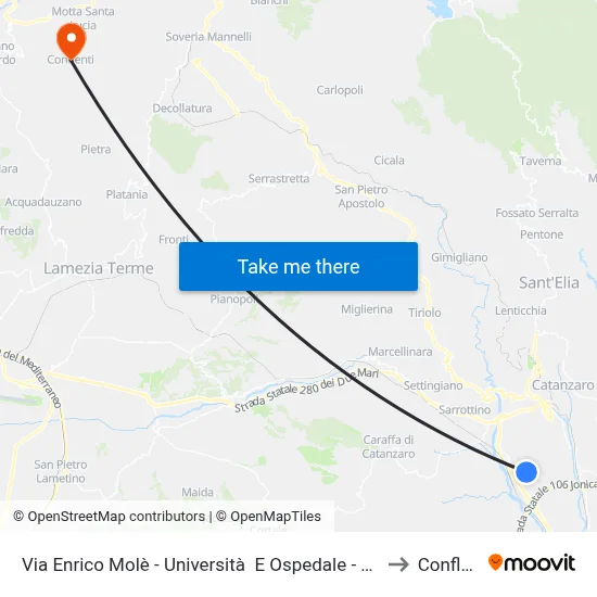 Via Enrico Molè - Università  E Ospedale - Catanzaro to Conflenti map