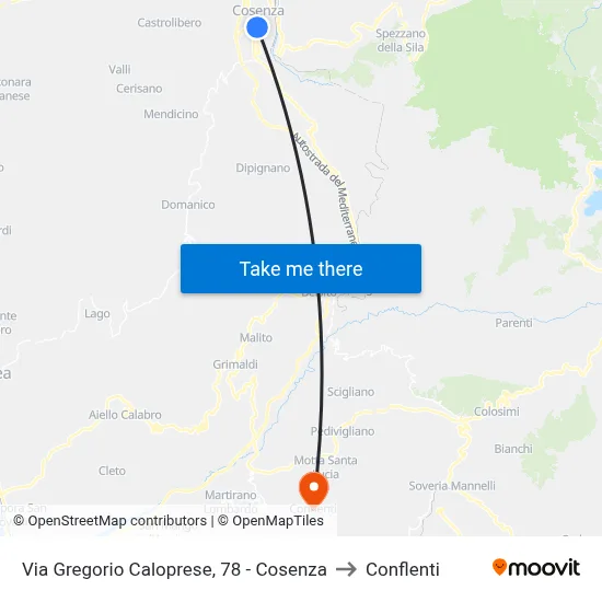 Via Gregorio Caloprese, 78 - Cosenza to Conflenti map