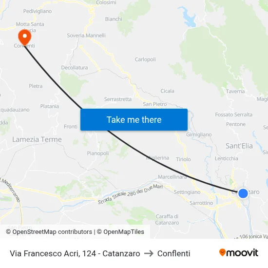 Via Francesco Acri, 124 - Catanzaro to Conflenti map