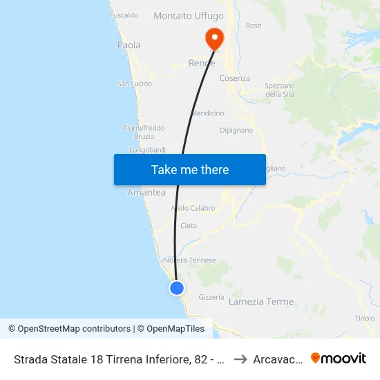 State Road 18 Tyrrhenian Coast, 82 - Falerna to Arcavacata map