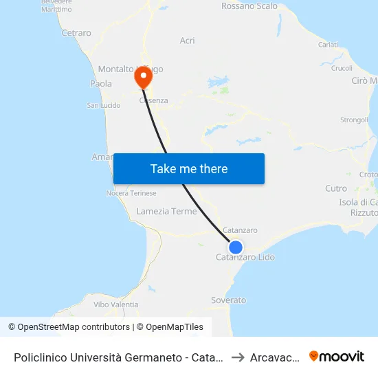 University Hospital Germaneto - Catanzaro to Arcavacata map