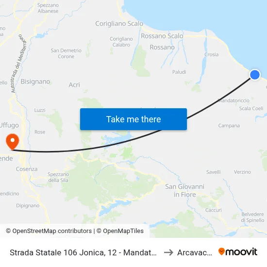 Strada Statale 106 Jonica, 12 - Mandatoriccio to Arcavacata map