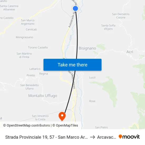 Provincial Road 19, 57 - San Marco Argentano to Arcavacata map
