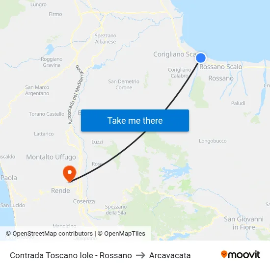 Toscano Iole District - Rossano to Arcavacata map