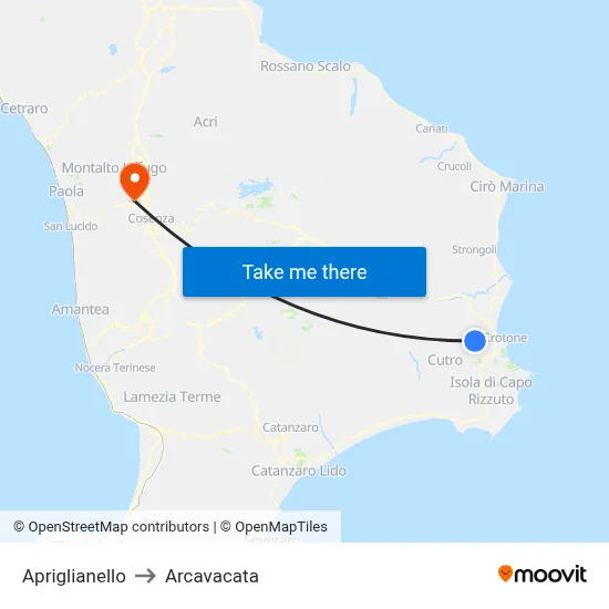 Apriglianello to Arcavacata map