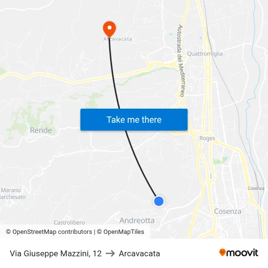 Via Giuseppe Mazzini, 12 to Arcavacata map