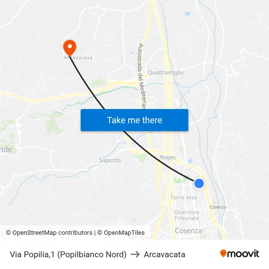 Via Popilia, 1 (North Popilbianco) to Arcavacata map