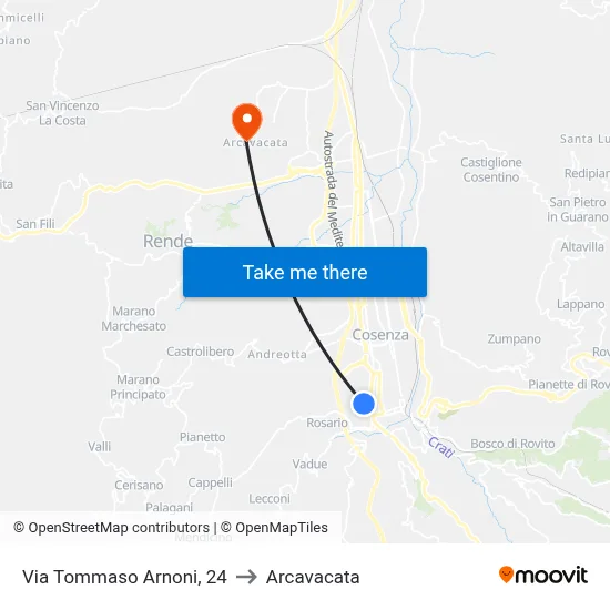 Via Tommaso Arnoni, 24 to Arcavacata map
