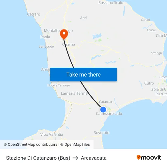 Catanzaro Station (Bus) to Arcavacata map